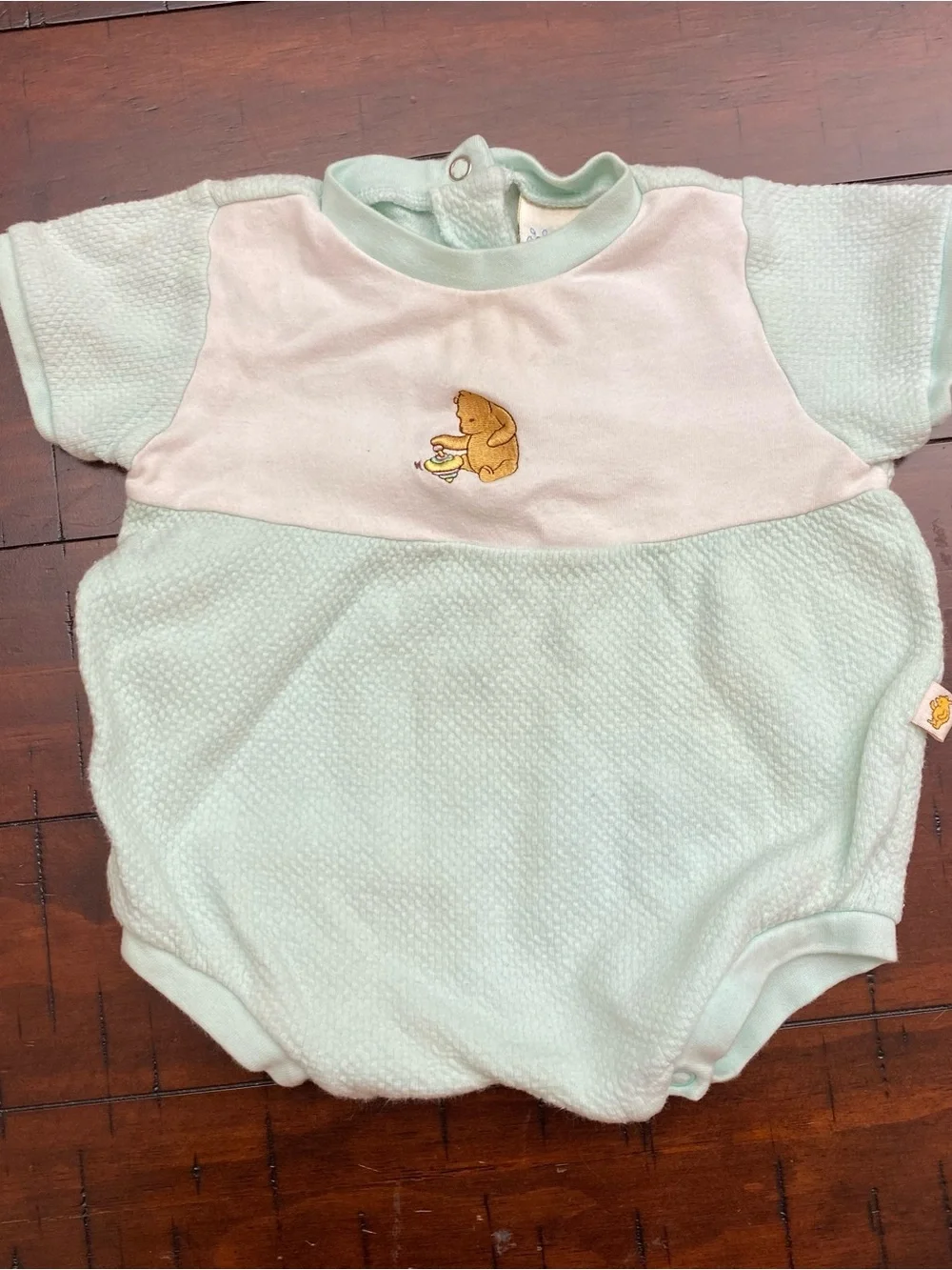 Vintage Classic Pooh Mint Green & White Teddy Bear Bubble Romper 9 Months